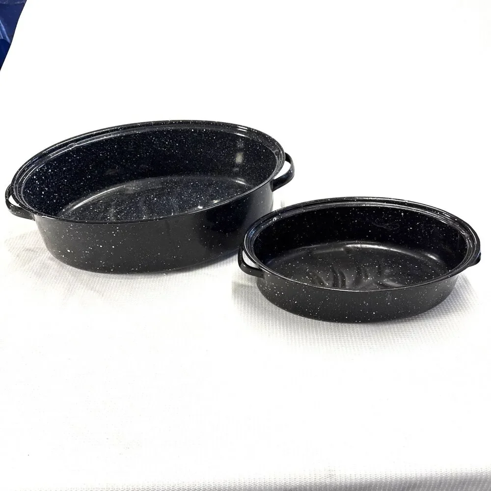 Set of 2 Vintage Speckled Enamelware Oval Roaster Pan W/ Lid (≈ 16x12